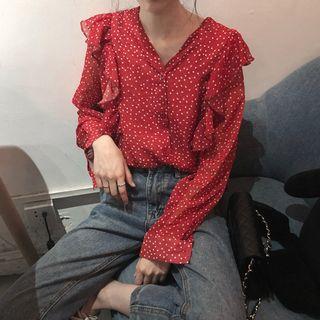 Ruffle-trim Dotted Shirt Maroon - One Size