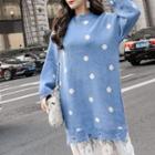 Lace Panel Long-sleeve Knit Midi Dress Blue - One Size