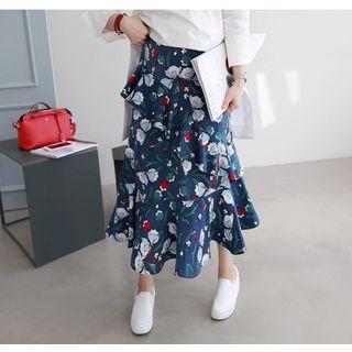 Banded-waist Floral-pattern Maxi Skirt