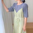 Mock Two-piece Puff-sleeve A-line Midi Dress