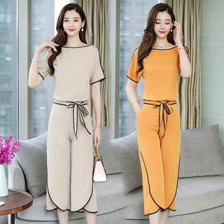 Set: Contrast Trim Short Sleeve Chiffon Top + Cropped Wide-leg Pants