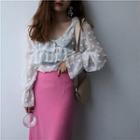 Polka Dot Ruffled-trim Long-sleeve Blouse / Plain High-waist Skirt