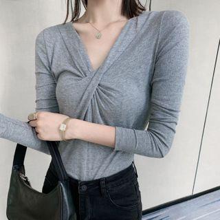 Twisted V-neck Plain Knit Top