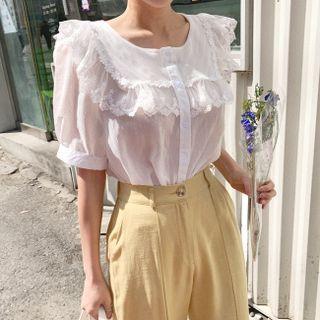 Laced-trim Puff-sleeve Blouse
