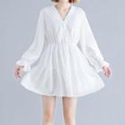 Long-sleeve Frill Trim Chiffon A-line Mini Dress