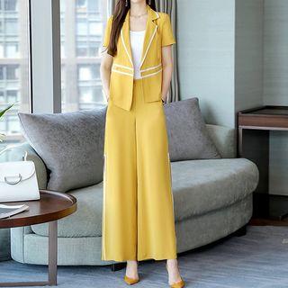 Set: Contrast Trim Short-sleeve Blazer + Slit Wide-leg Pants