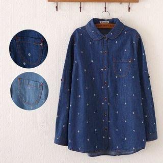 Embroidered Long-sleeve Denim Blouse