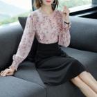 Floral Print Puff-sleeve Ruffled A-line Dress