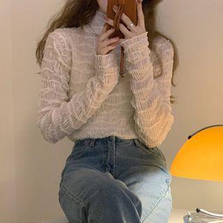 Mock-neck Ruched Mesh Long-sleeve Top