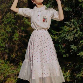 Set: Flower Embroidered Elbow-sleeve Blouse + Mesh Overlay Dotted Midi A-line Skirt