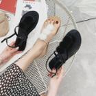 Pompom Accent T-strap Slingback Flat Sandals