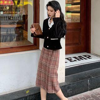Frill Trim Jacket / Plaid Midi Skirt