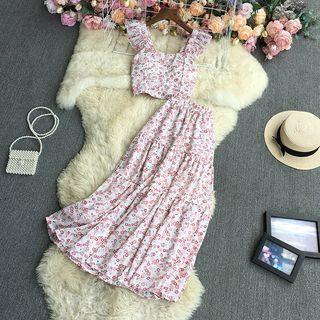 Set: Floral Crop Tank Top + Midi A-line Skirt