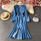 V Neck Ruffle Denim Puff Sleeve Dress