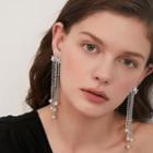 Rhinestone Fringed Earring 1 Pair - 925 Silver Stud - Silver - One Size