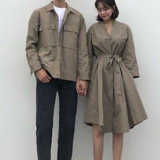 Couple Matching Plain Shirt / Long-sleeve A-line Dress