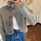 High-neck Cropped Rib-knit Cardigan