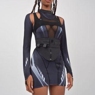 Set: Sleeveless Mesh Panel Mini Sheath Dress + Shrug
