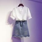 Set: Short-sleeve Lace Blouse + A-line Mini Denim Skirt