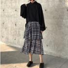 Mock-neck Long Pullover / Plaid Midi Layered Chiffon Skirt
