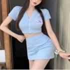 Short-sleeve Button-up Knit Top / Mini Pencil Skirt