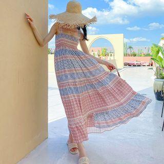 Wide Strap Patterned Midi A-line Dress