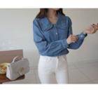 Frilled-collar Denim Blouse Blue - One Size