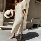Buttoned Hemp Blend Long Dress Light Beige - One Size