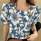 Square Neck Floral Printed Button-up Top