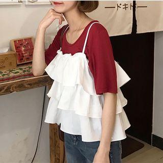 Set: Short-sleeve T-shirt + Spaghetti-strap Tiered Top