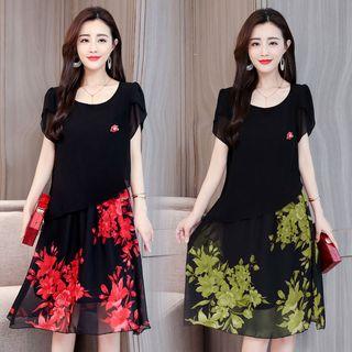 Short-sleeve Panel Floral A-line Chiffon Dress