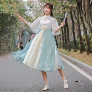 Elbow-sleeve Flower Embroidered Midi A-line Dress