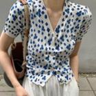 Short-sleeve Floral Cropped Cardigan Floral - Blue - One Size