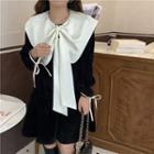 Long-sleeve Collared Velvet Mini A-line Dress Black - One Size