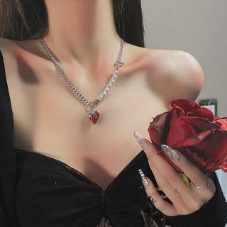 Faux Pearl Heart Charm Necklace Red - One Size