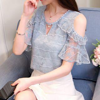 Shoulder Shoulder Lace Elbow-sleeve Chiffon Top