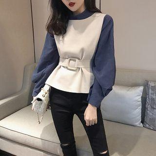 Stand-collar Bubble-sleeved Shirt / Vest With Belt