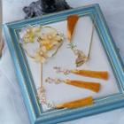 Set: Rhinestone Fan Tassel Drop Earring + Hair Stick + Headpiece Set Of 3 - 1 Pair Drop Earrings & 1 Pc Hair Stick & 1 Pc Headpiece - Gold - One Size