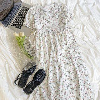 Short-sleeve Floral Printed Chiffon Dress Floral - One Size