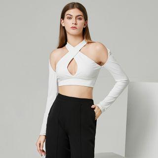Long-sleeve Halter-neck Cutout Crop Top