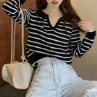Striped Open Placket Knit Top