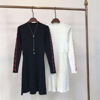 Mock Neck Lace-up Knit A-line Dress