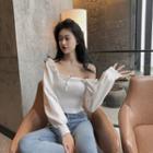 Off Shoulder Bow Ruffle Knit Long-sleeve Blouse White - One Size