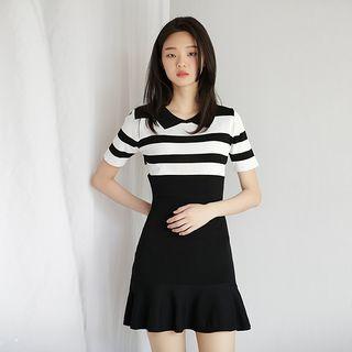 Striped-panel Ruffle-hem Knit Dress