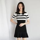 Striped-panel Ruffle-hem Knit Dress