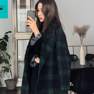 Double-breasted Plaid Coat Navy Blue - One Size