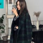 Double-breasted Plaid Coat Navy Blue - One Size