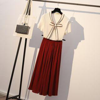 Set: Bow Accent Short-sleeve Chiffon Top + High-waist Wide-leg Cropped Pants