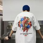 Elbow-sleeve Koi Fish Print T-shirt
