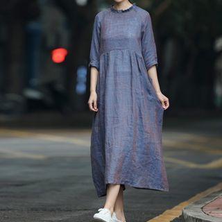 Elbow-sleeve Linen Blend Midi A-line Dress